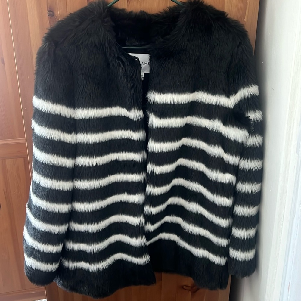 FRAME Striped Faux Fur Coat
